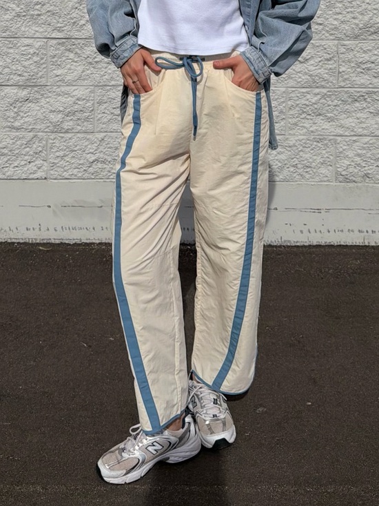 Pants - Cream/Blue Y2K Baggy Wide Leg Track Pants - Size S